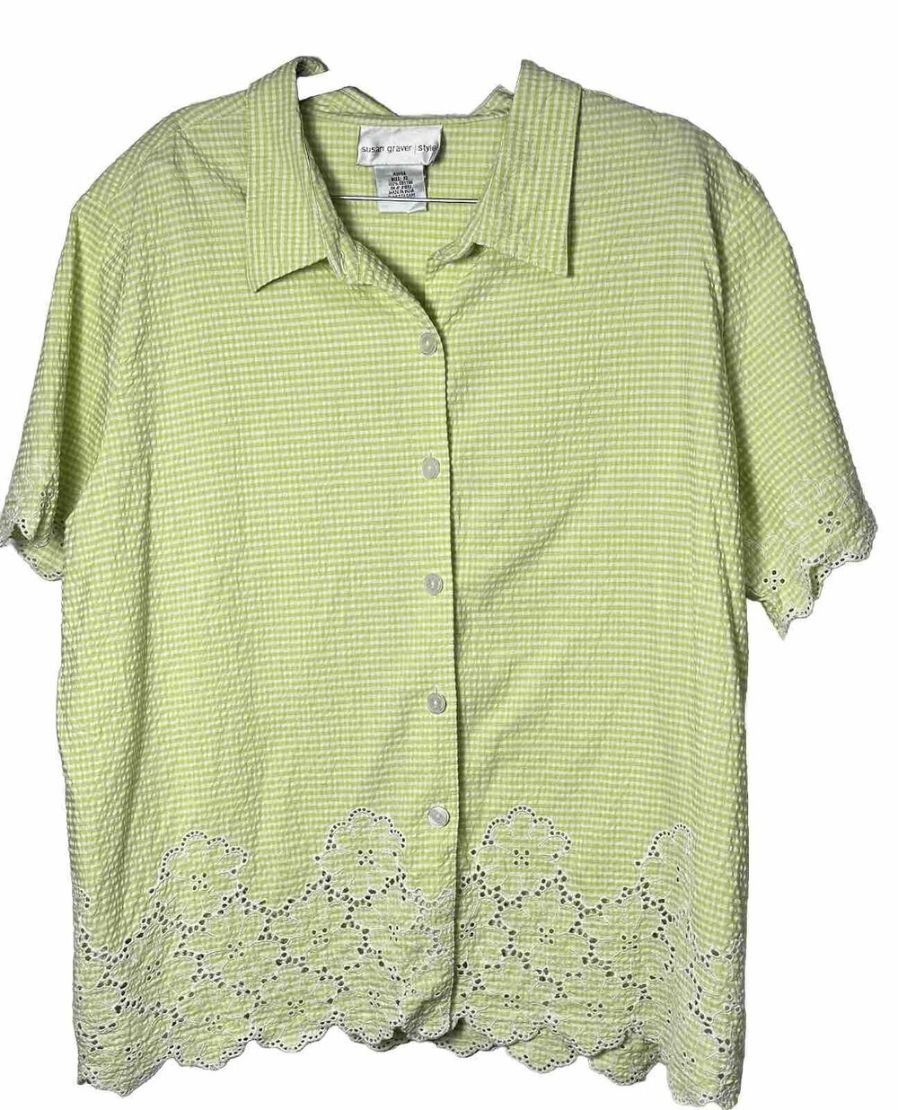 Susan Graver Women's Mint Green Top Eyelet Embroidered Button Up Short Sleeve XL